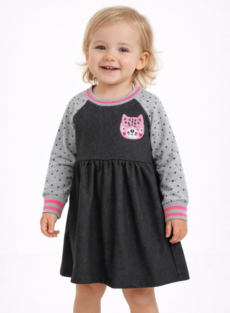 MINOTI Girls dress mixed fabric contrast sleeves grey